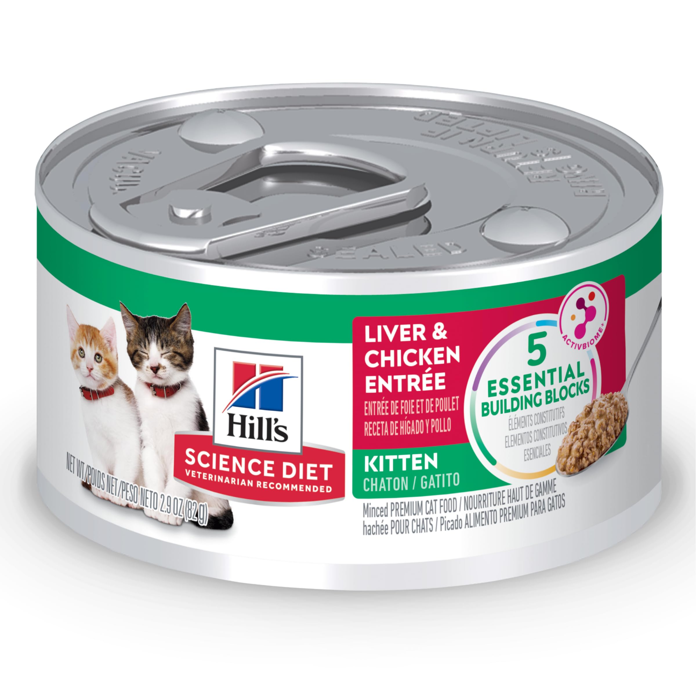 Hill's Science Diet Kitten Liver and Chicken Entrée can with smooth texture supports lean muscle