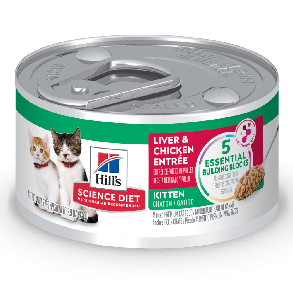 Hill's Science Diet Kitten Liver and Chicken Entrée can with smooth texture supports lean muscle