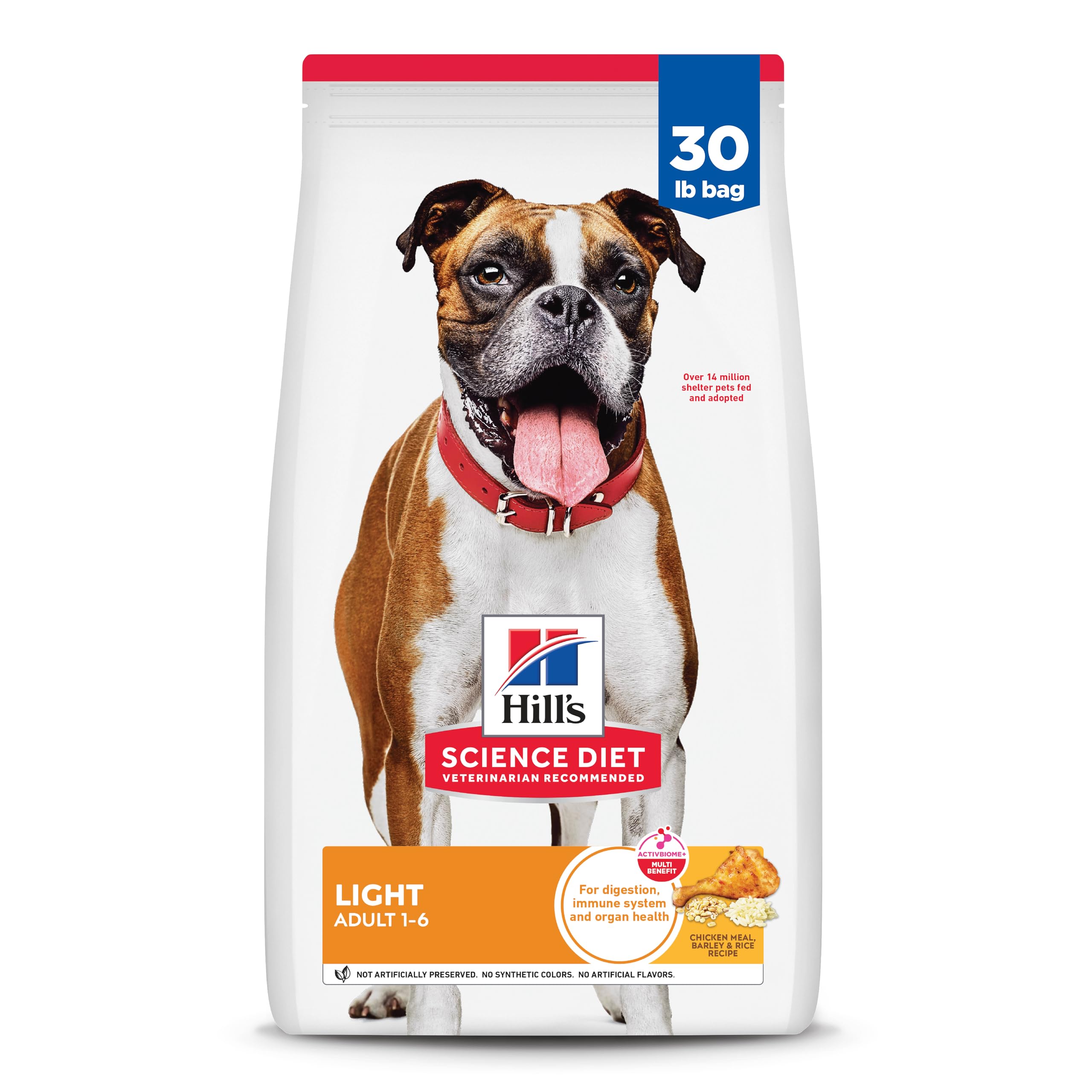 Hill's Science Diet Light Adult 1-6 bag shows 30 lb packaging for weight-conscious dogs