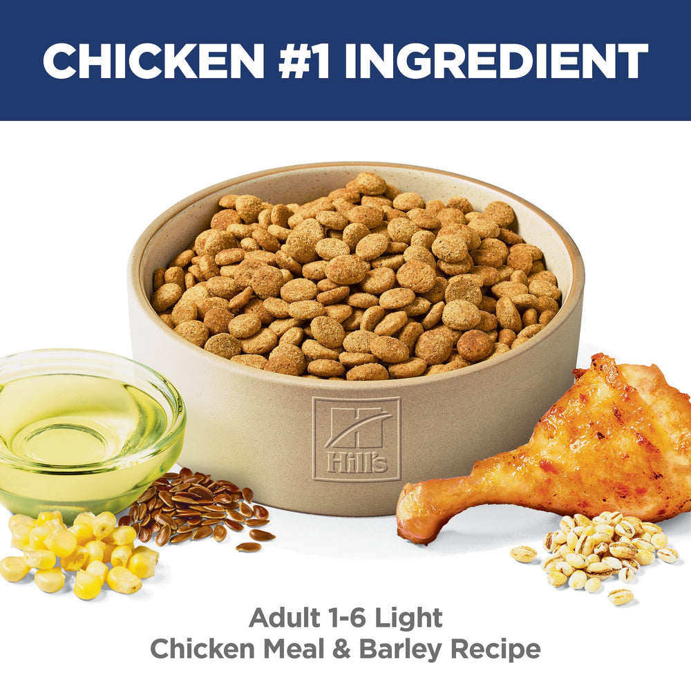 Hill's Science Diet Light Adult 1-6 kibble close-up highlights high-quality protein for lean muscles