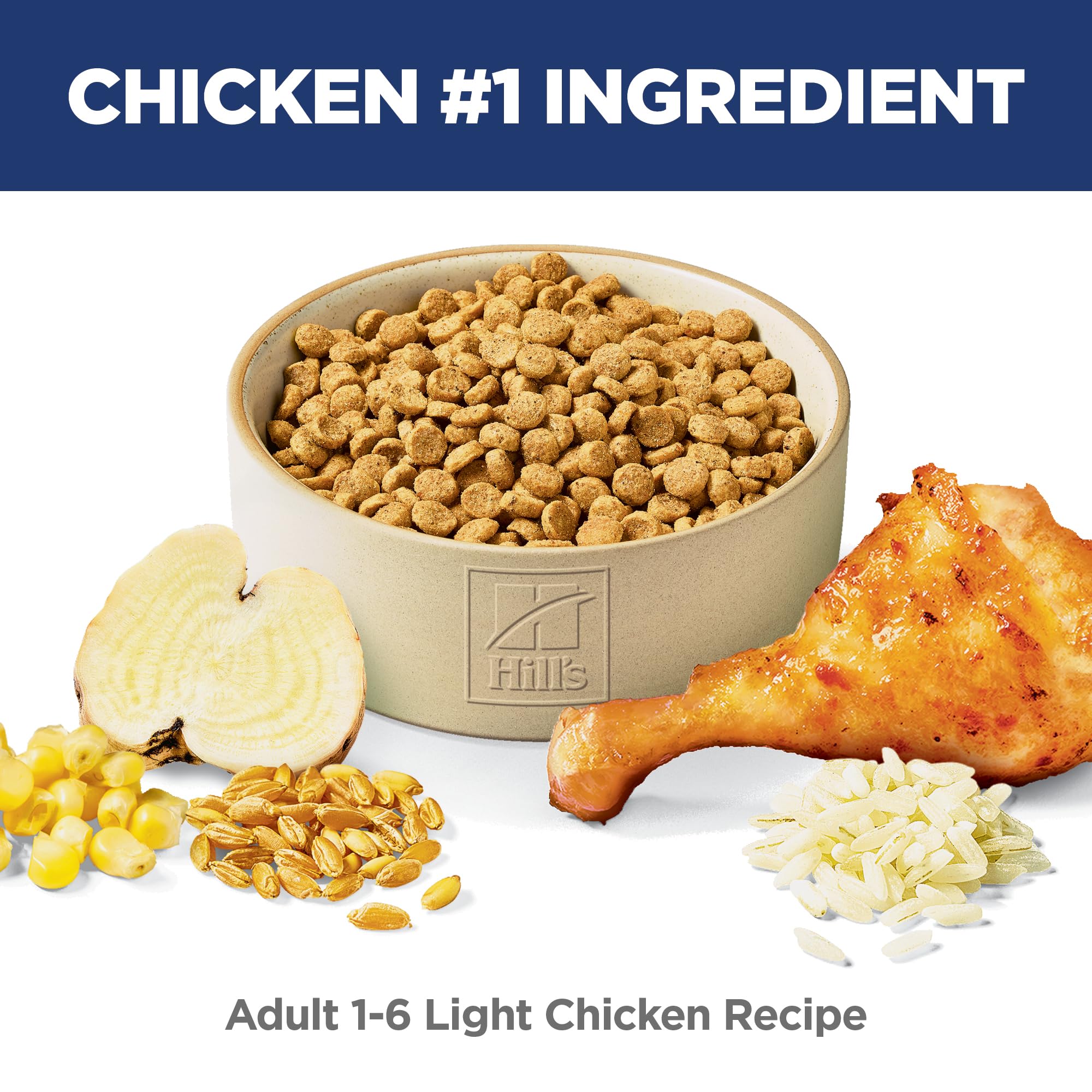 Hill's Science Diet Light kibble close-up shows small, lean pieces for weight control
