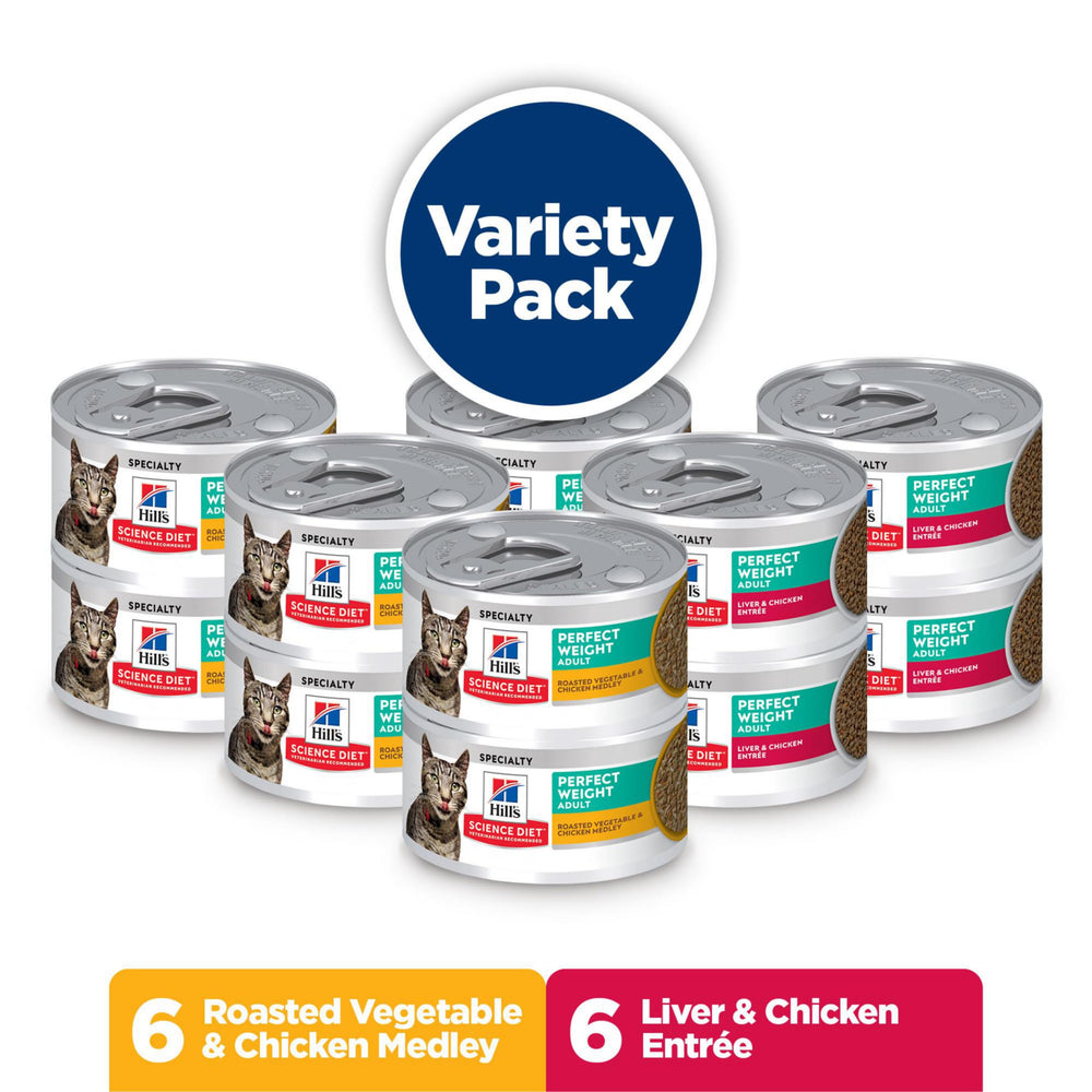 Hill's Science Diet Perfect Weight liver-chicken entree cans offer variety to aid appetite satisfaction.