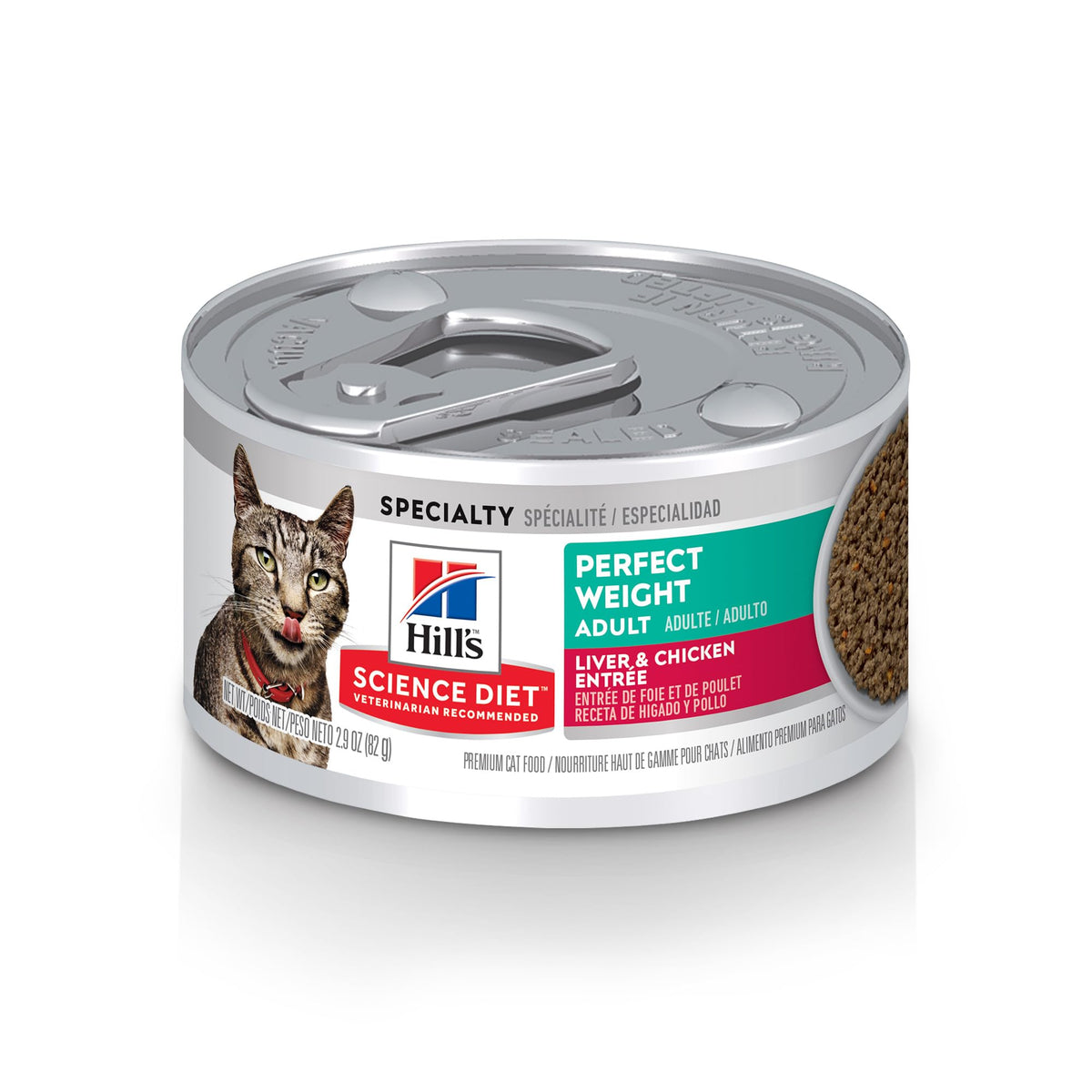 Hill's Science Diet Perfect Weight wet cat food can front view highlighting liver-chicken flavor for weight management.