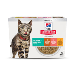 Hill's Science Diet Perfect Weight chicken can for adult cats, highlighting meal variety and protein content.