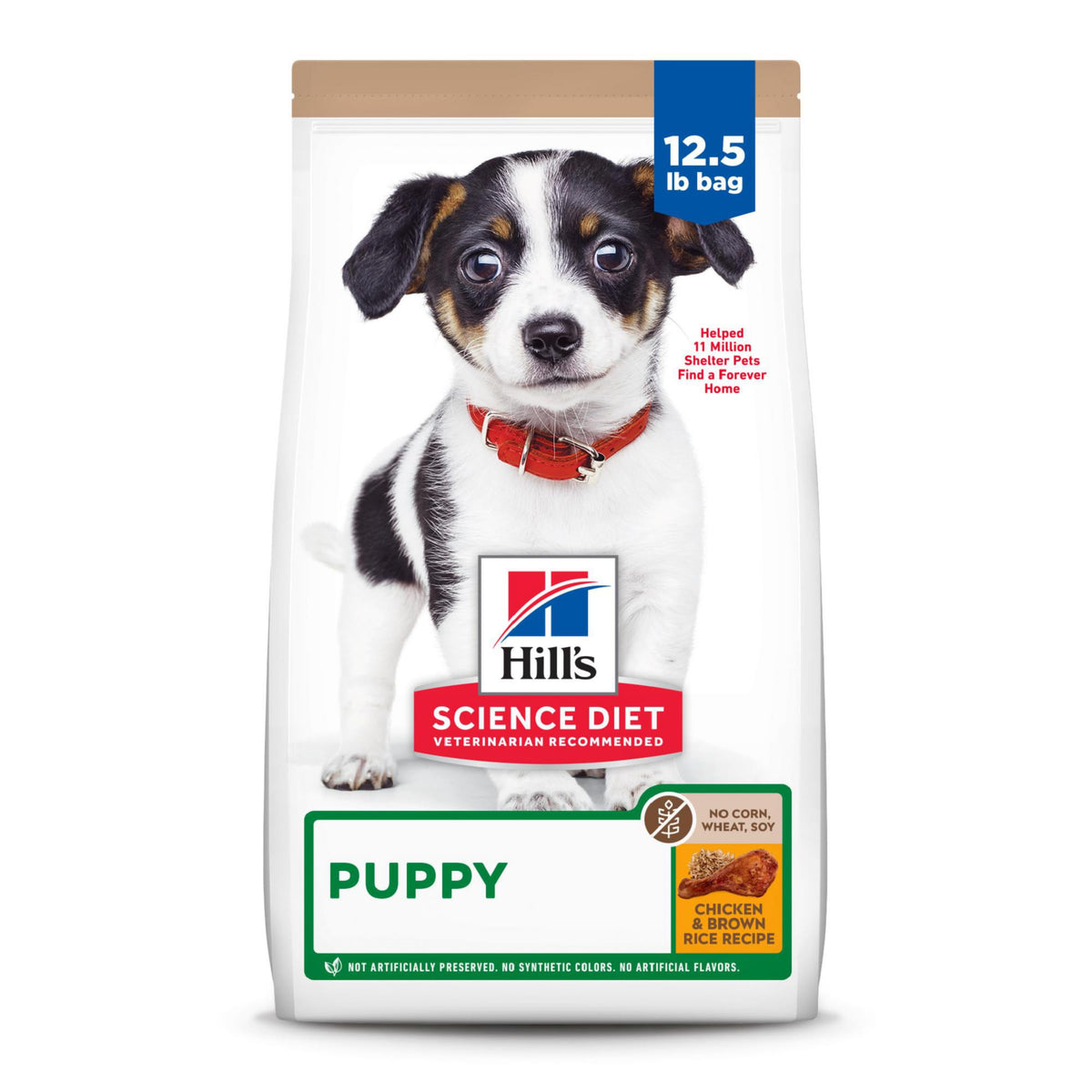 Hill's Science Diet Puppy bag and bowl on floor for balanced growth.