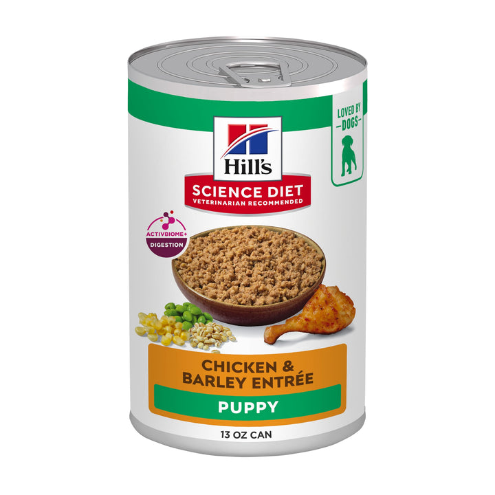 Hill's Science Diet Puppy Chicken and Barley can with real chicken for growing puppies.