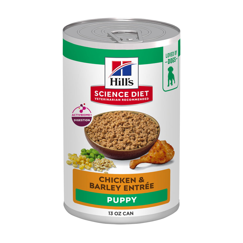 Hill's Science Diet Puppy Chicken and Barley can with real chicken for growing puppies.