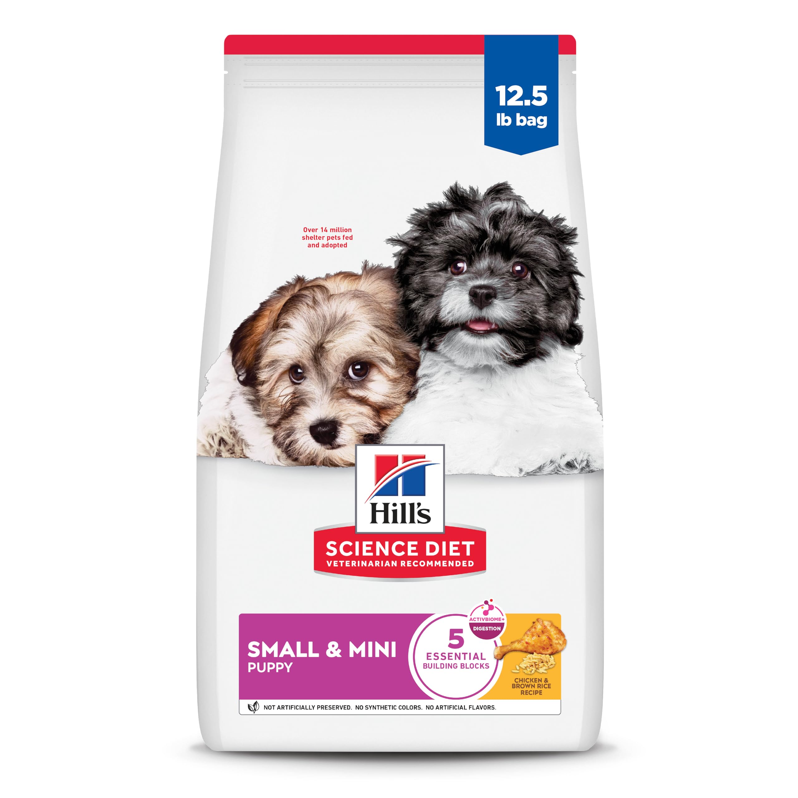 Hill's Science Diet Puppy Small & Mini bag front shows small-breed nutrition for healthy growth.