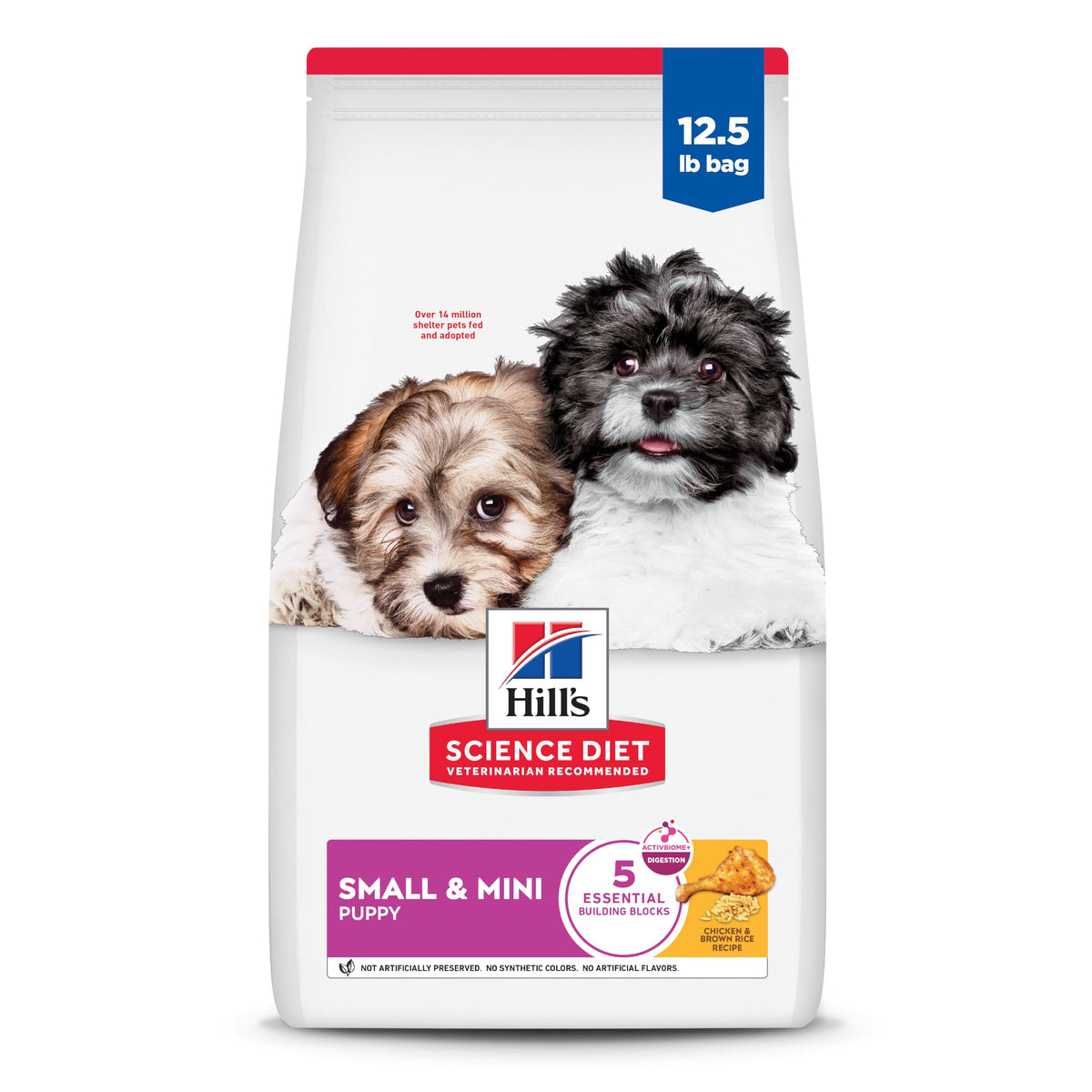 Hill's Science Diet Puppy Small & Mini bag front shows small-breed nutrition for healthy growth.