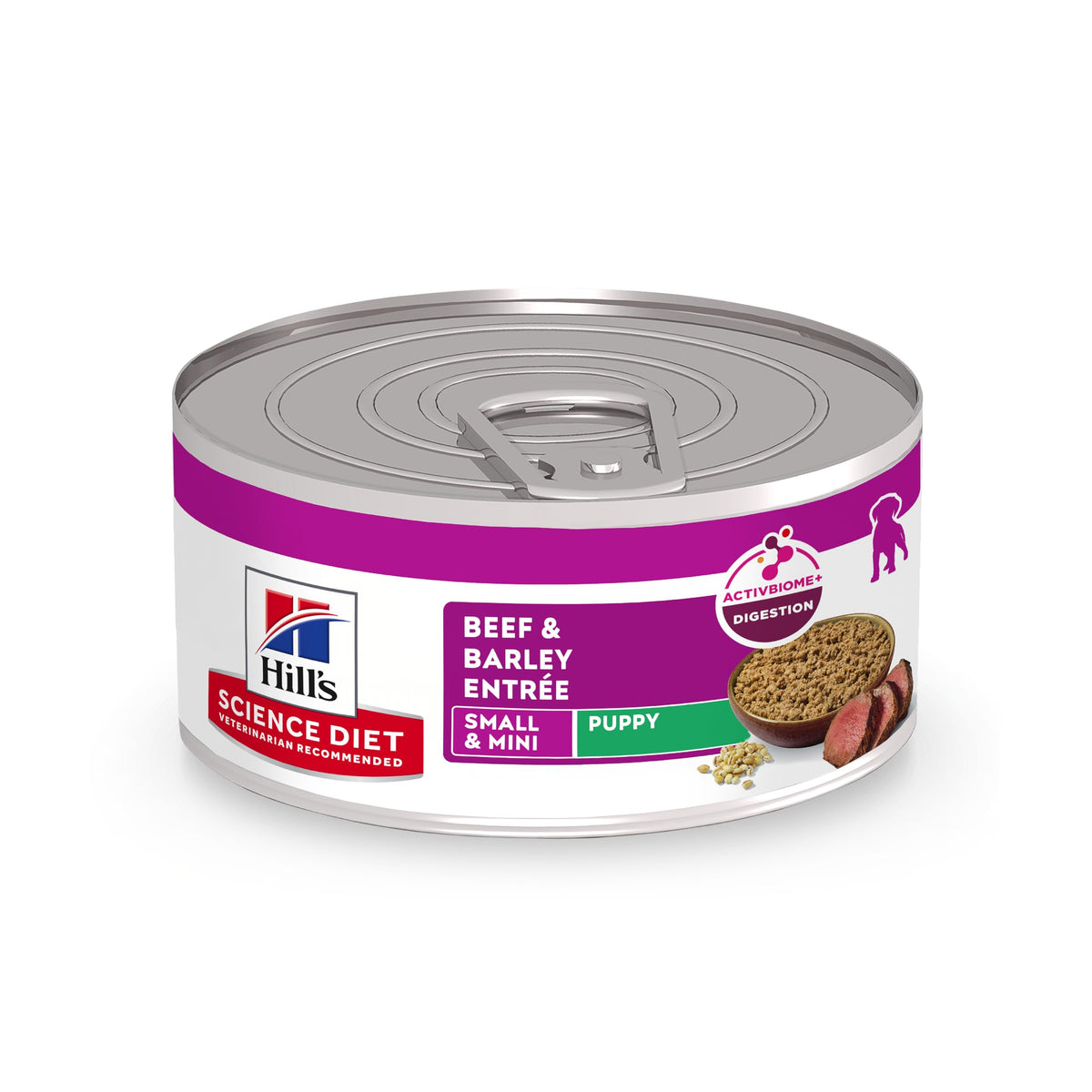 Hill's Science Diet Puppy Small & Mini Beef & Barley entrée in a bowl promoting balanced growth.