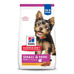 Hill's Science Diet Puppy Small & Mini feeding scene suggests easy portioning for tiny dogs.