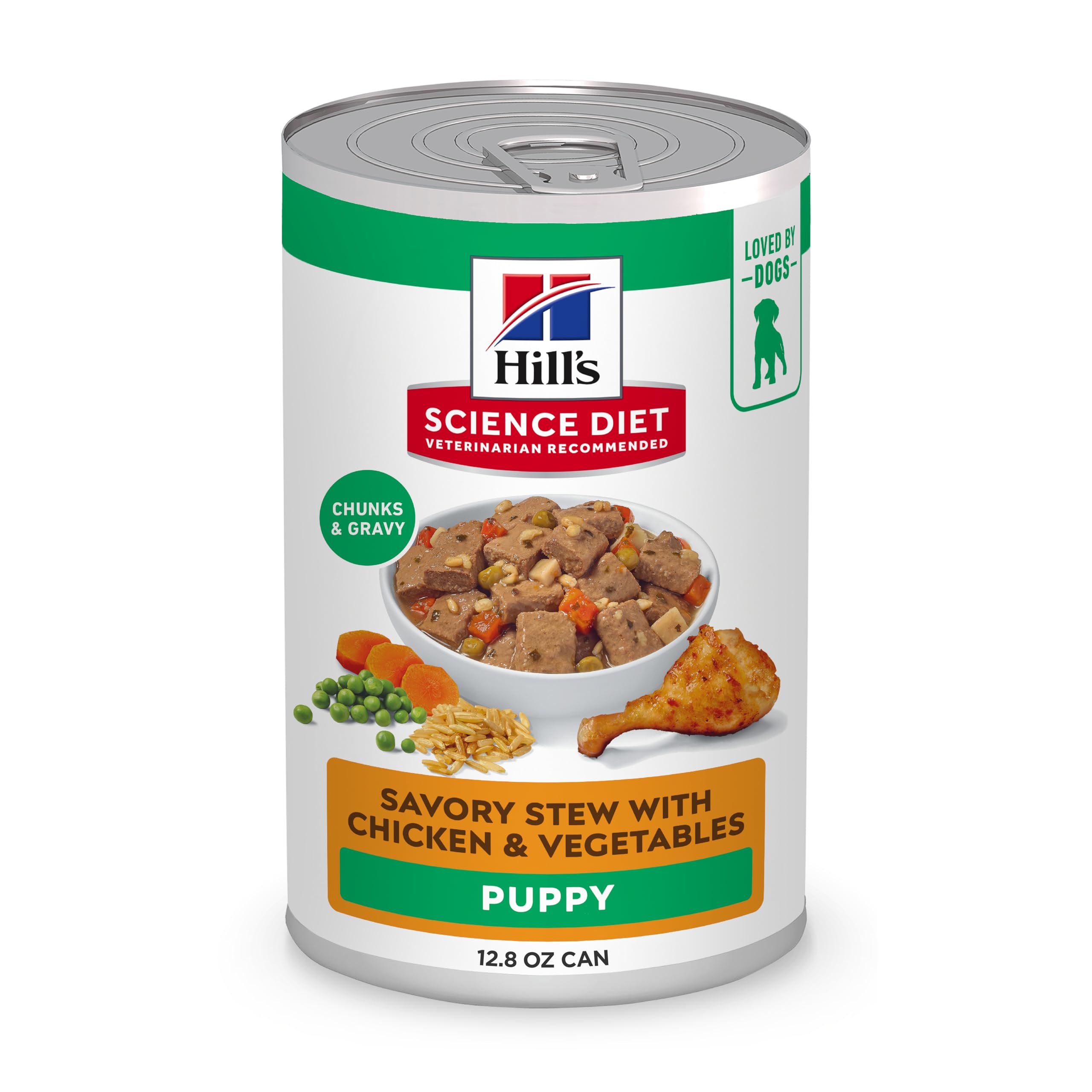 Hill's Science Diet Puppy wet food open can with chicken and vegetables for growing puppies.