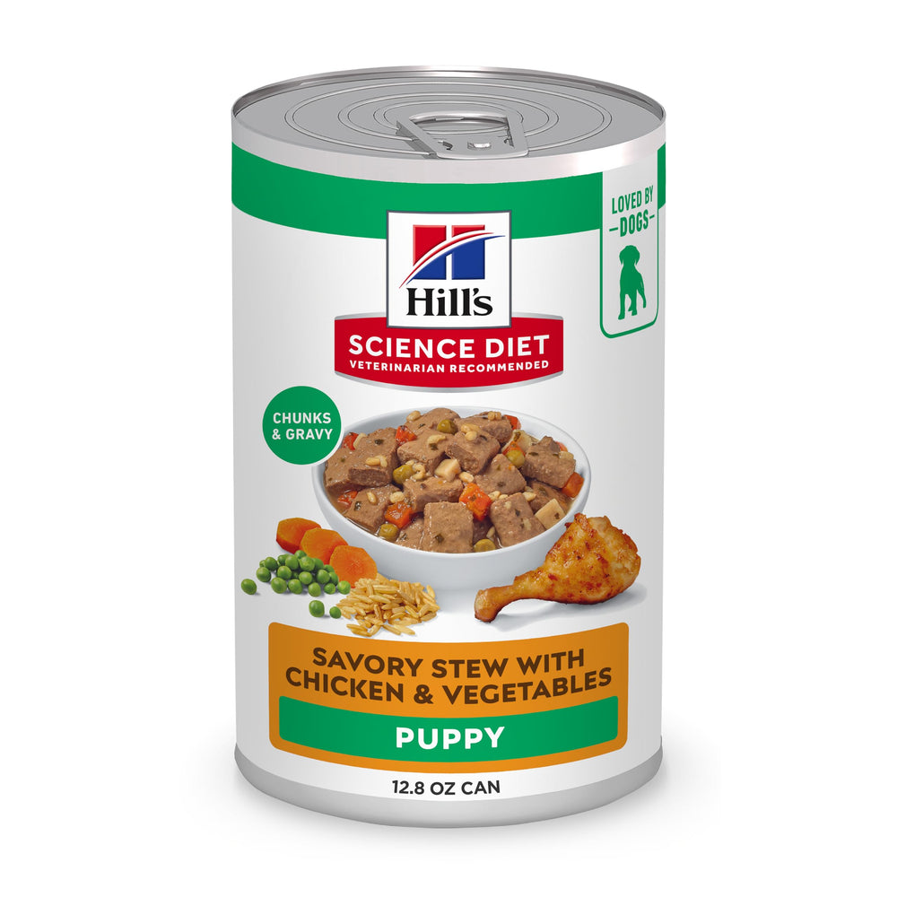 Hill's Science Diet Puppy wet food open can with chicken and vegetables for growing puppies.