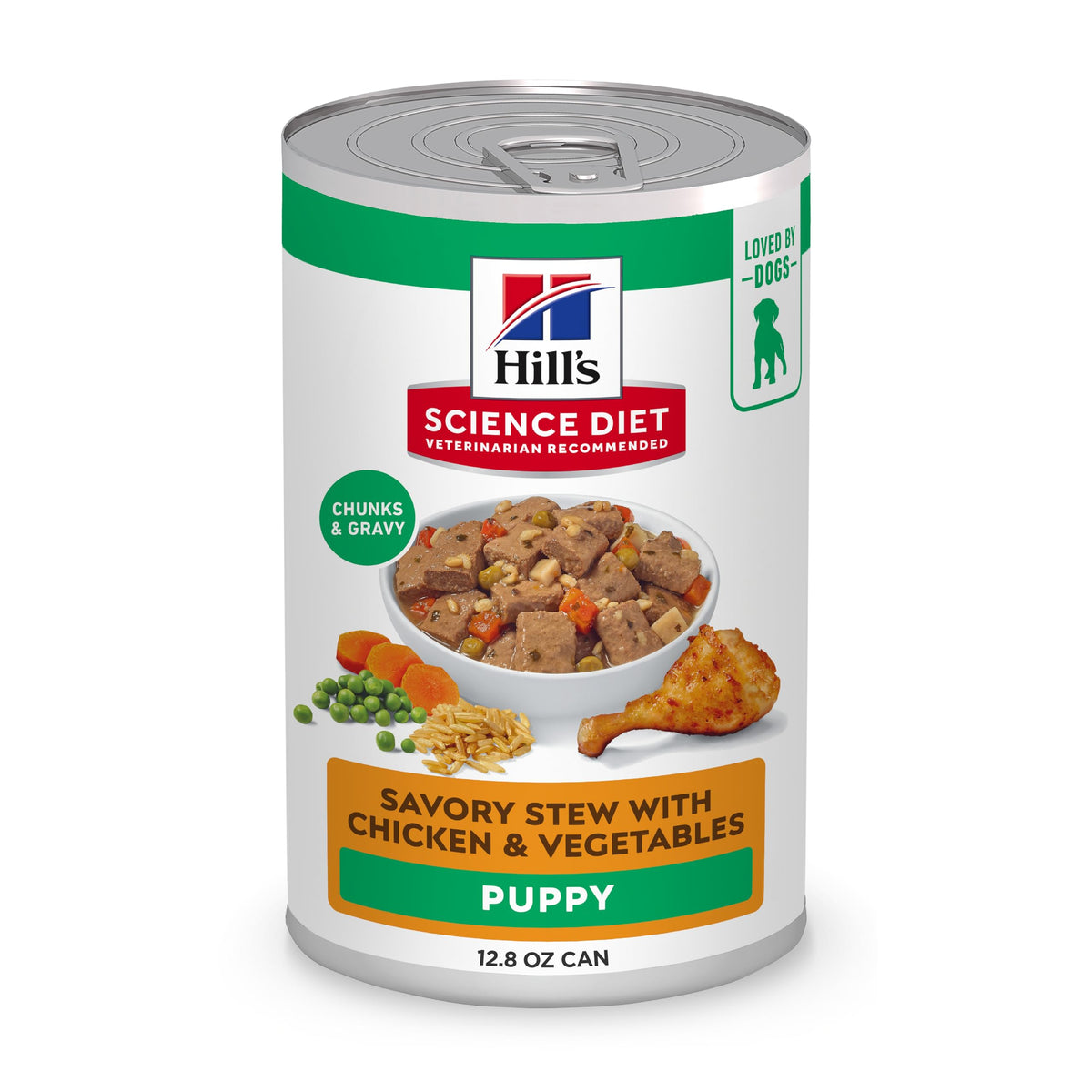 Hill's Science Diet Puppy wet food open can with chicken and vegetables for growing puppies.