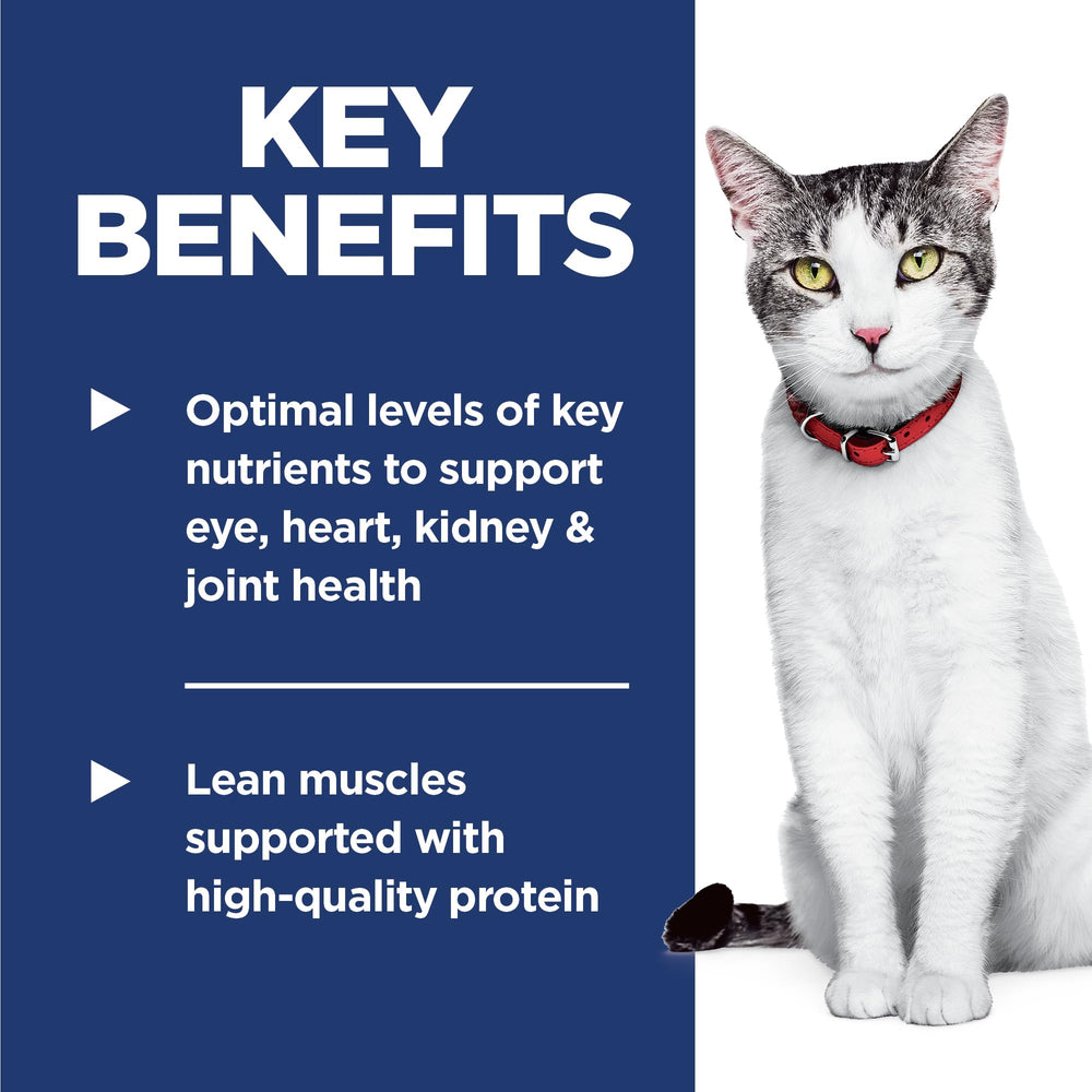 Hill's Science Diet Senior 11+ natural ingredients bag conveys trusted nutrition for aging cats.