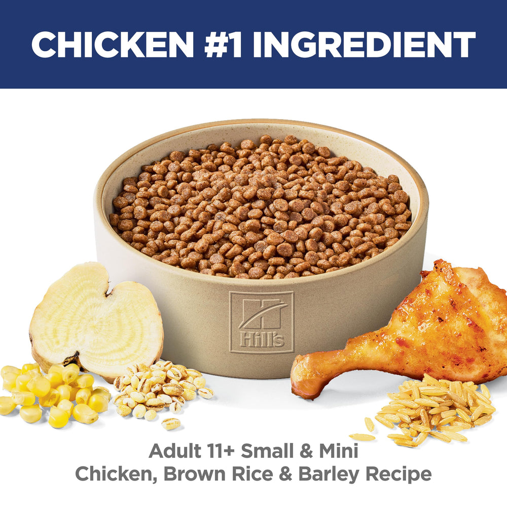 Hill's Science Diet Senior 11+ kibble close-up highlighting small-breed pieces.