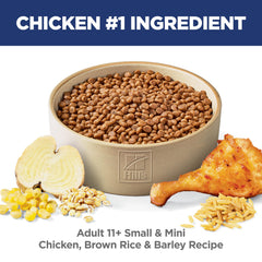 Hill's Science Diet Senior 11+ kibble close-up highlighting small-breed pieces.