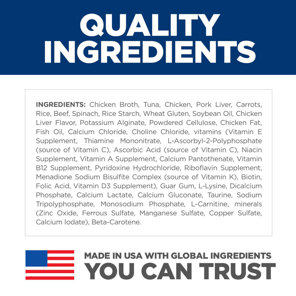 Hill's Science Diet Senior 11+ tuna carrot can highlights antioxidant-rich formula