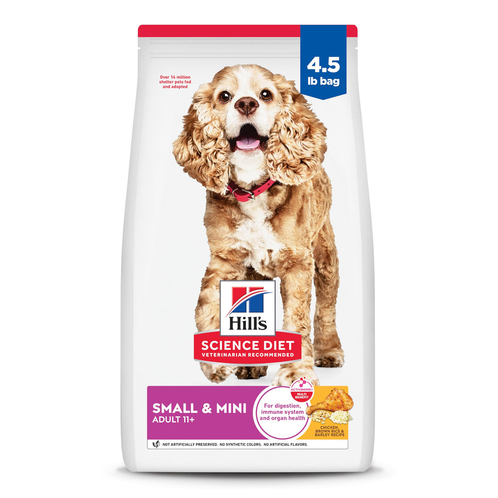 Hill's Science Diet Senior 11+ dry food with chicken supports balanced nutrition for small dogs.