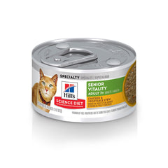 Hill's Science Diet Senior Vitality wet cat food can with chicken and vegetables supports a shiny coat.