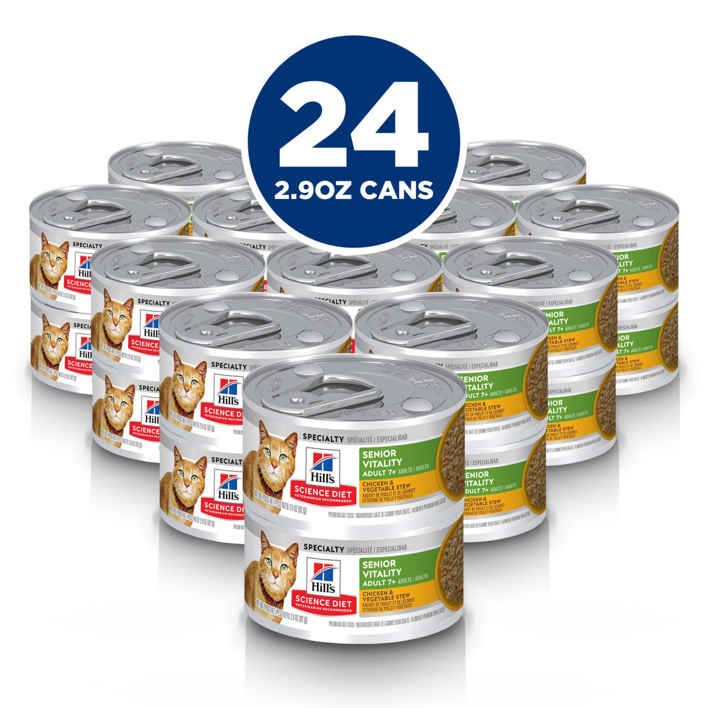 Close-up of Hill's Science Diet Senior Vitality stew texture featuring chicken and vegetables for seniors.