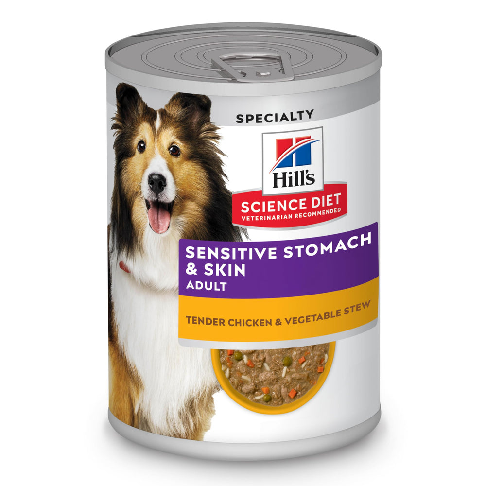 Hill's Science Diet wet dog food can with chicken and vegetables supports digestion.
