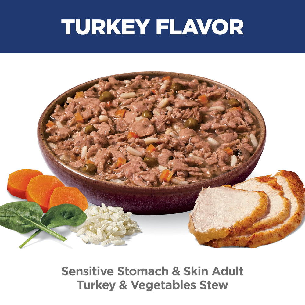Hill's Science Diet turkey-vegetables-stew close-up shows appetizing texture for adults