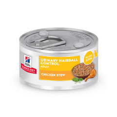 Hill's Science Diet Urinary Hairball Control chicken stew can highlighting urinary health support.