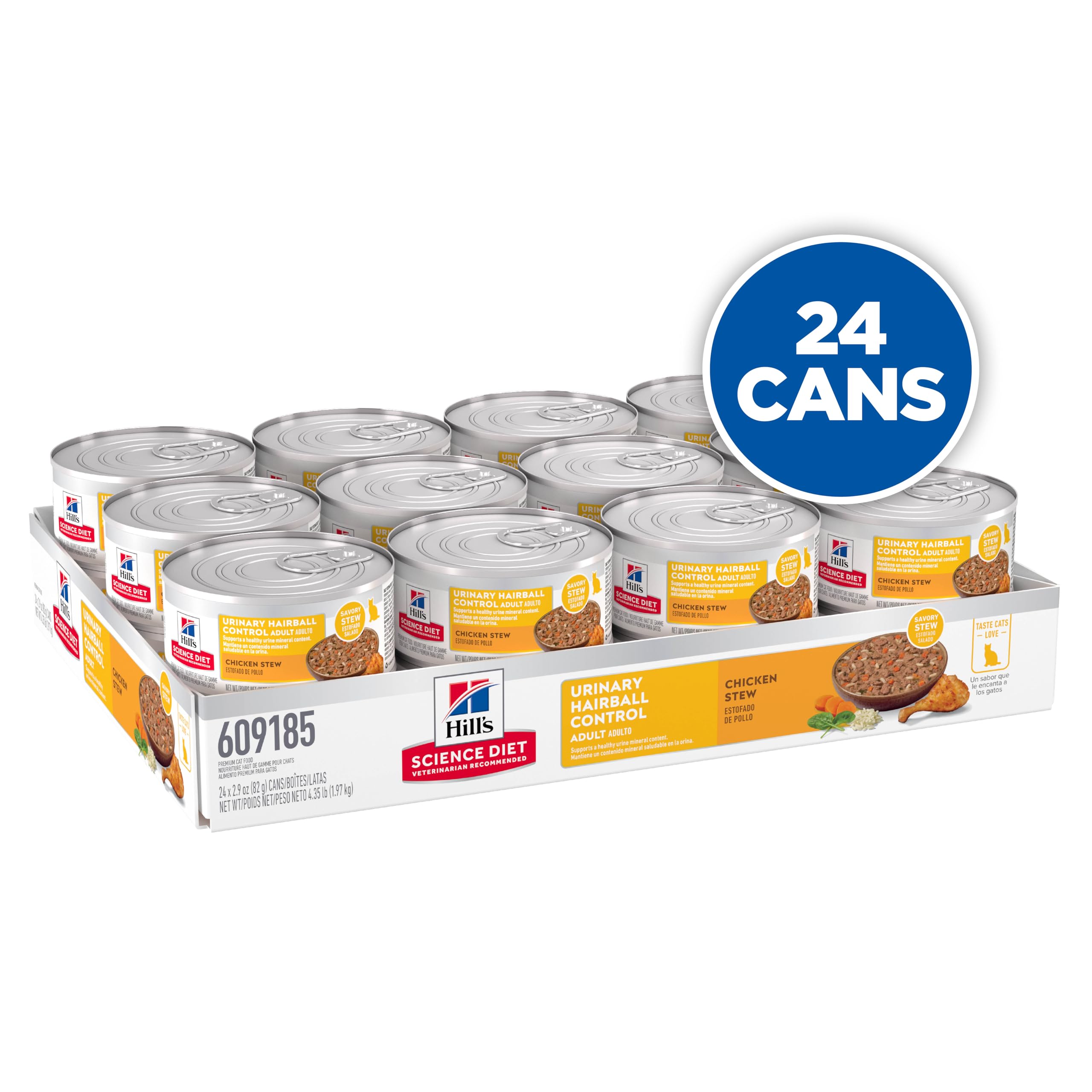 Hill's Science Diet Urinary Hairball Control chicken stew label emphasizes fiber and omega-6 benefits.