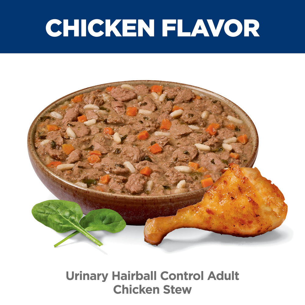 Hill's Science Diet Urinary Hairball Control chicken stew serving bowl ready for cats.