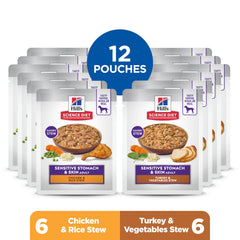 Hill's Science Diet variety pack chicken and turkey stew pouches for daily meals.