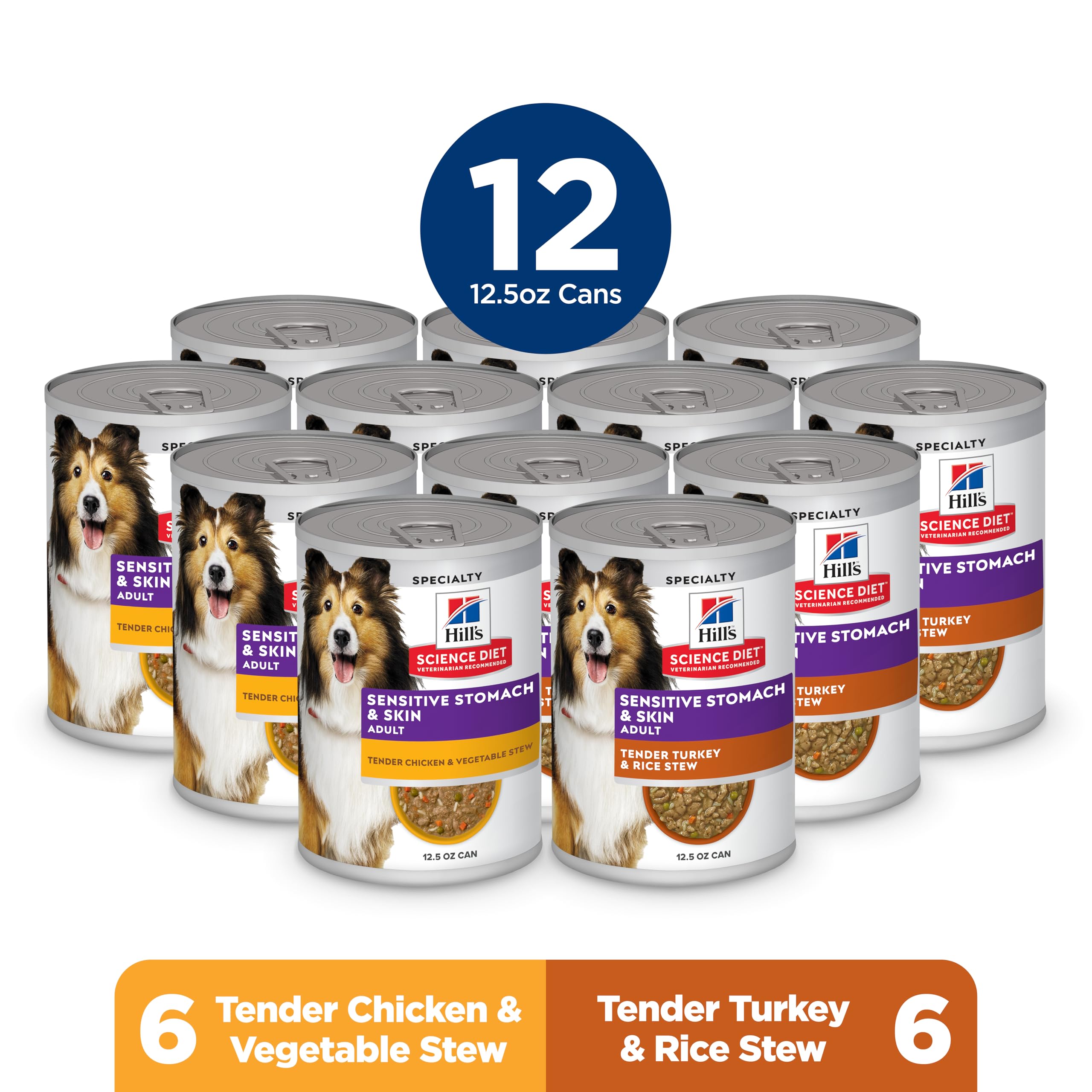 Hill's Science Diet Turkey & Rice Stew cans in the variety pack.