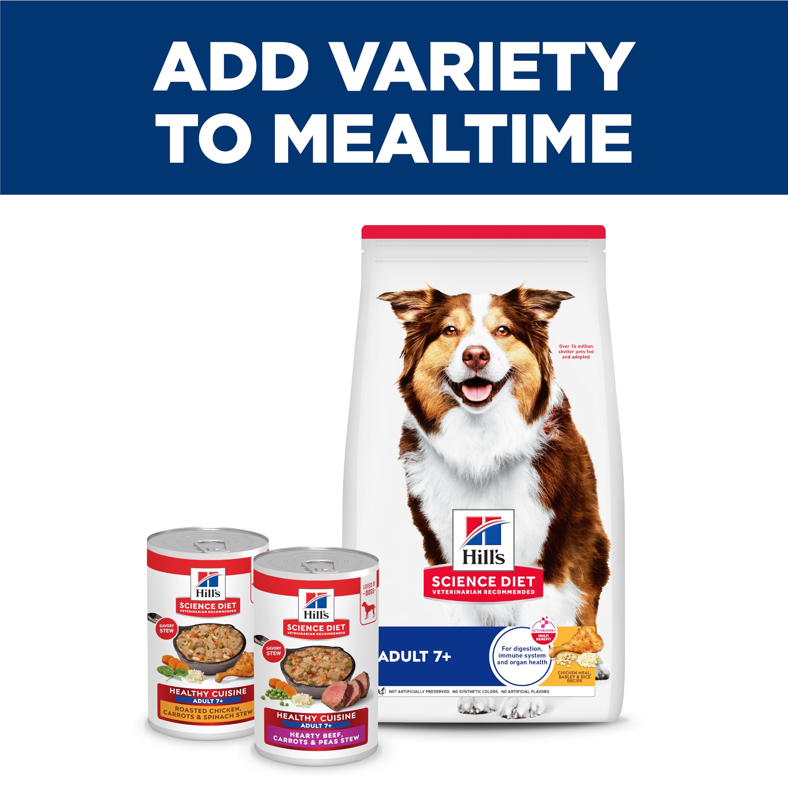 Hill's Science Diet veterinarian-recommended badge communicates trusted senior nutrition.