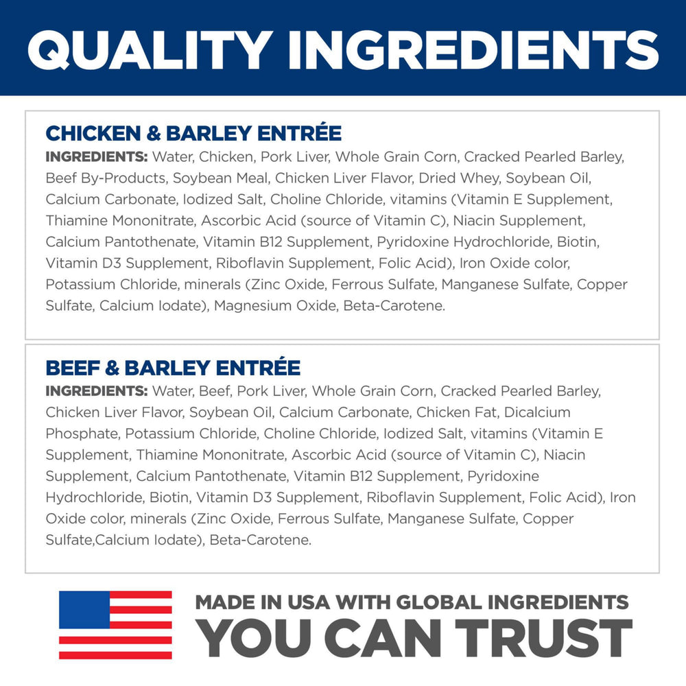 Hill's Science Diet wet dog food bowl serving, featuring chicken and beef flavors.