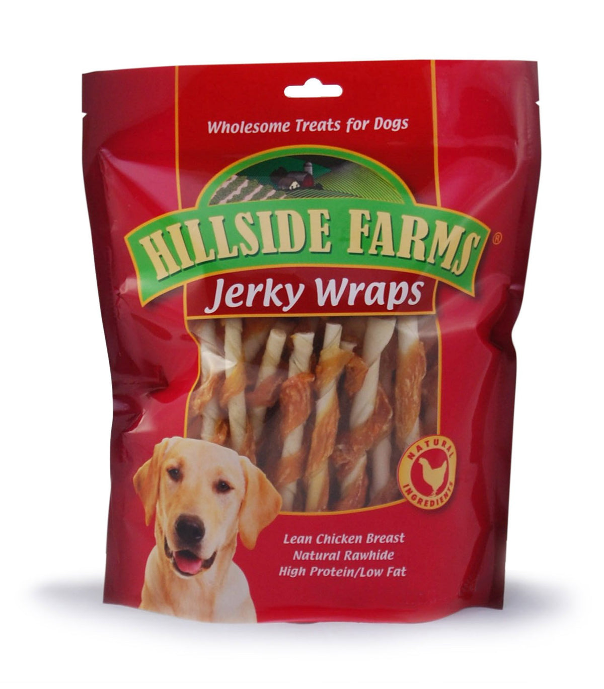 Hillside Farms packaging highlights cage-free chicken and rawhide treats.