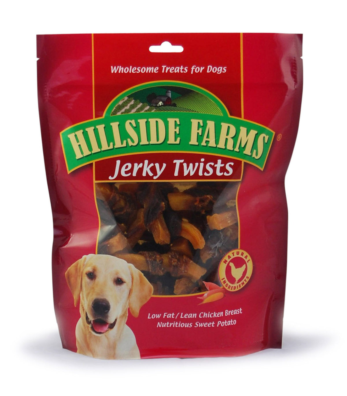 Hillside Farms chicken and sweet potato jerky twists in a resealable bag for training rewards.