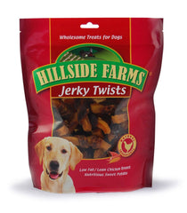 Hillside Farms chicken and sweet potato jerky twists in a resealable bag for training rewards.