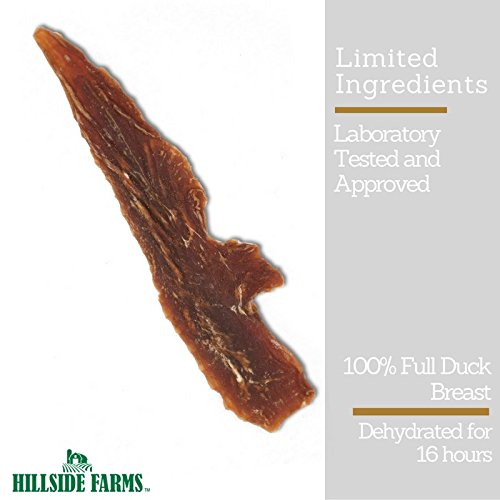 Duck Jerky bag shown, grain-free, filler-free snack ideal for training.