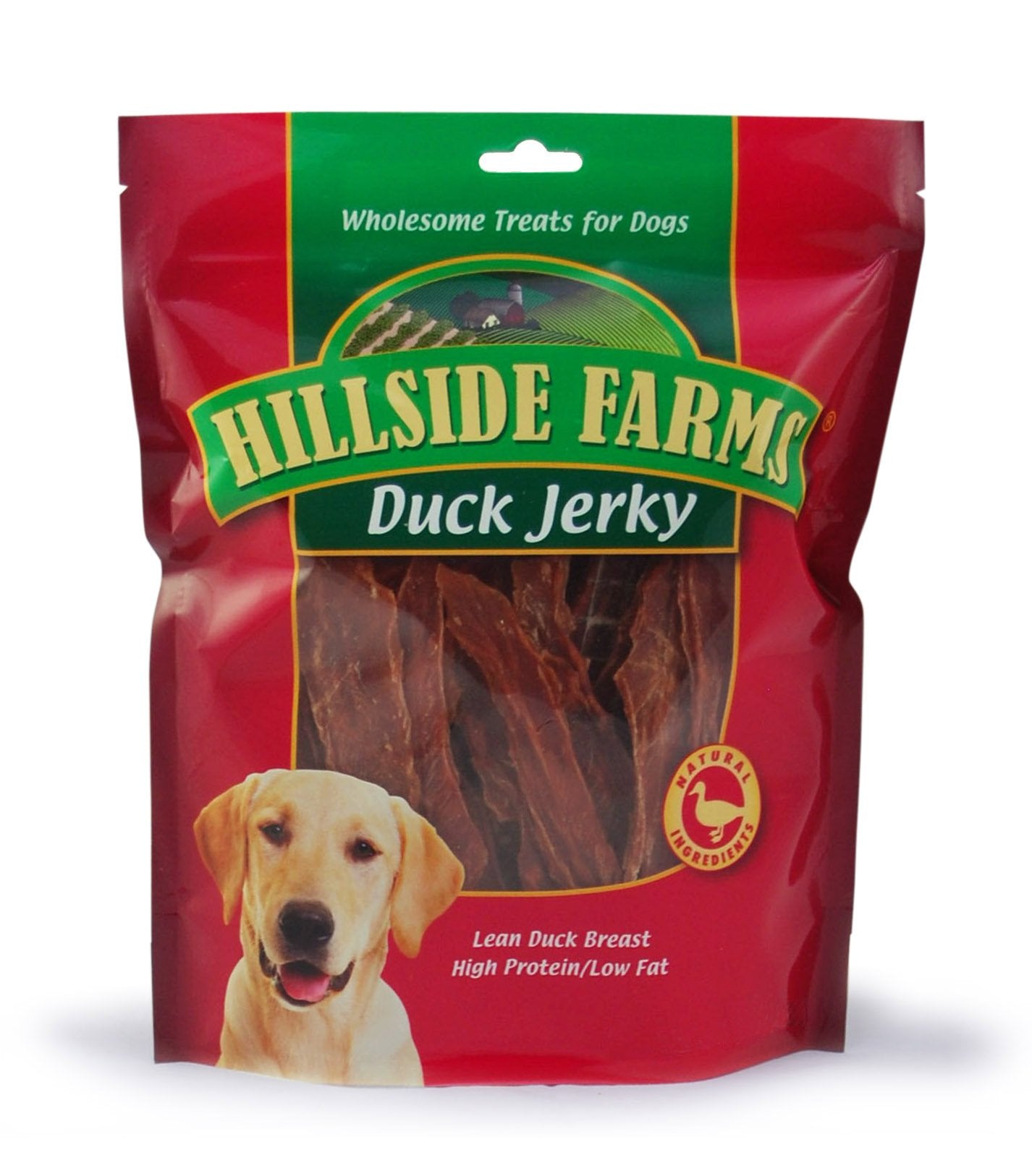 Hillside Farms Duck Jerky on a tray, a high-protein treat for dogs of all sizes.