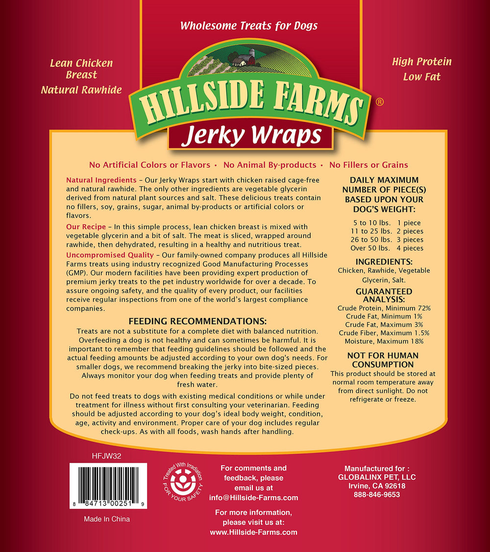 Hand-wrapped Hillside Farms chicken and rawhide detail for dogs.