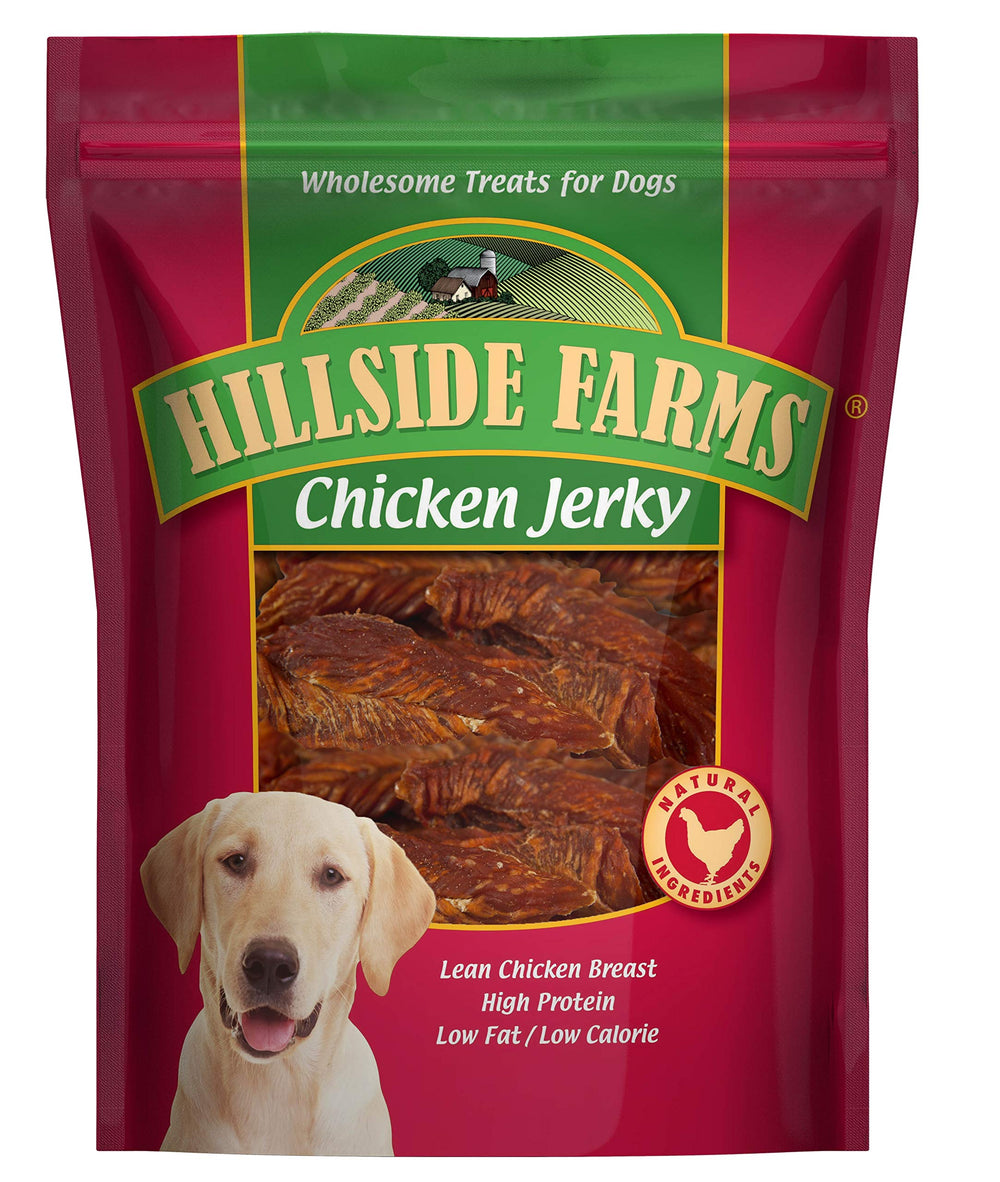 Hillside Farms Natural-Cut Chicken Jerky bag, a high-protein treat for all breeds.