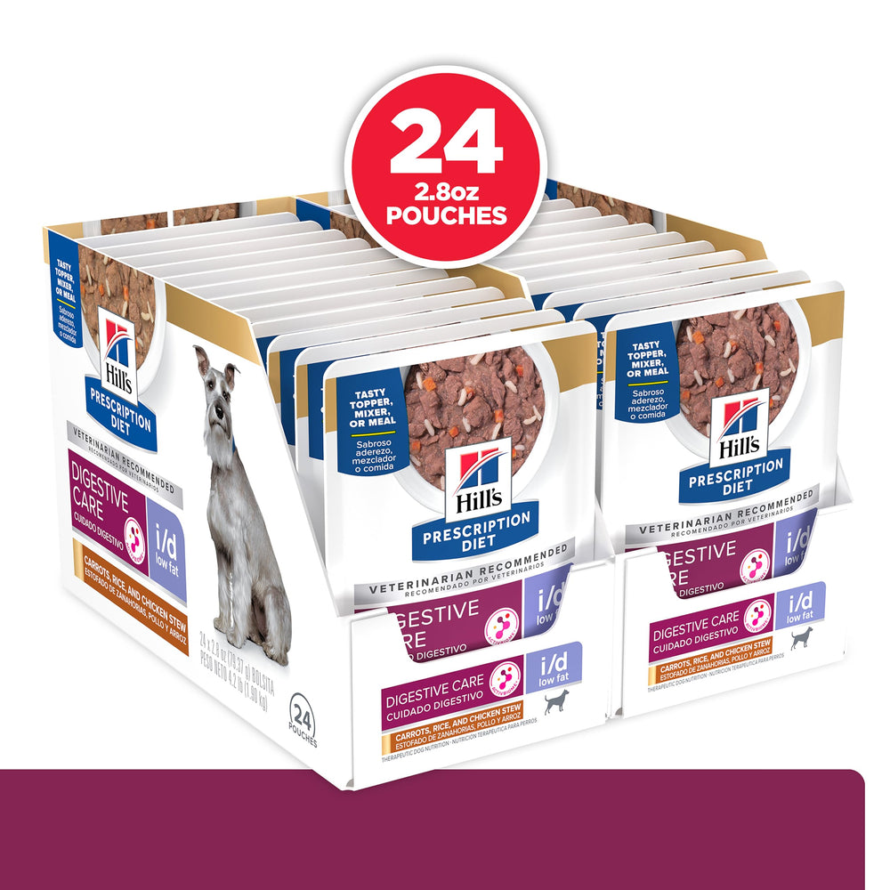 Hill's Prescription Diet i/d chicken carrot rice stew pouch highlights highly digestible ingredients for dogs