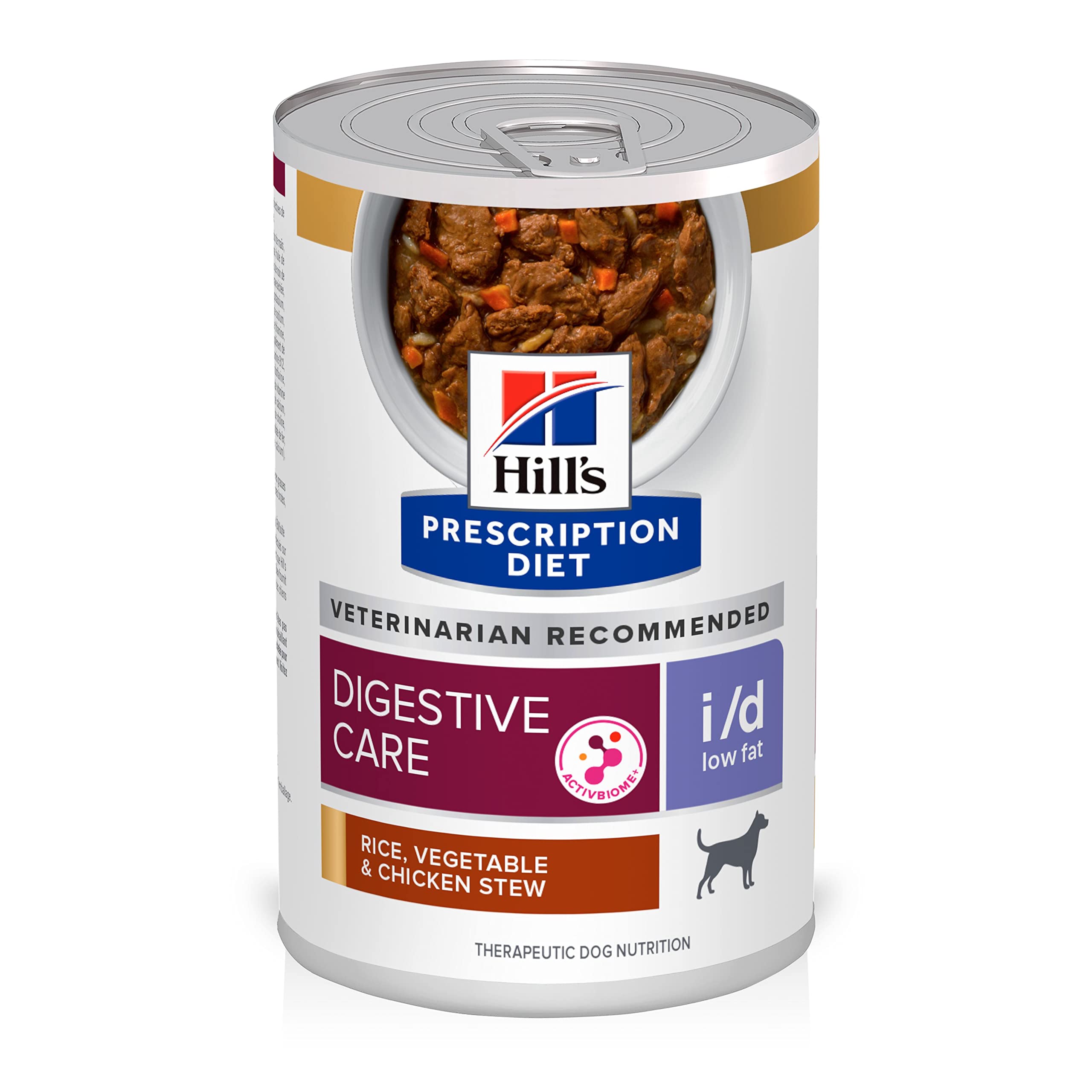 Hill's Prescription Diet i/d low-fat dog stew can shows gentle texture and nutritional focus