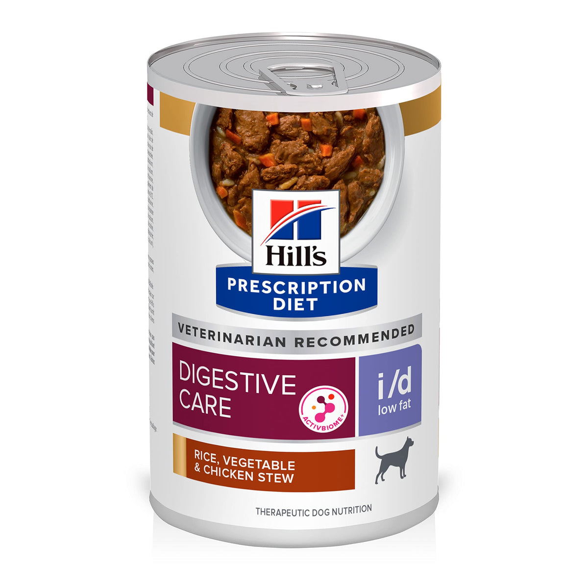 Hill's Prescription Diet i/d low-fat dog stew can shows gentle texture and nutritional focus
