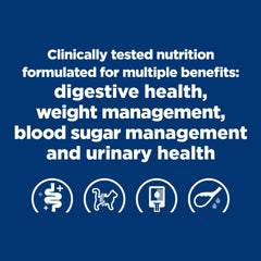Hill's Prescription Diet w/d multi-benefit bag label highlighting urinary and glucose support.