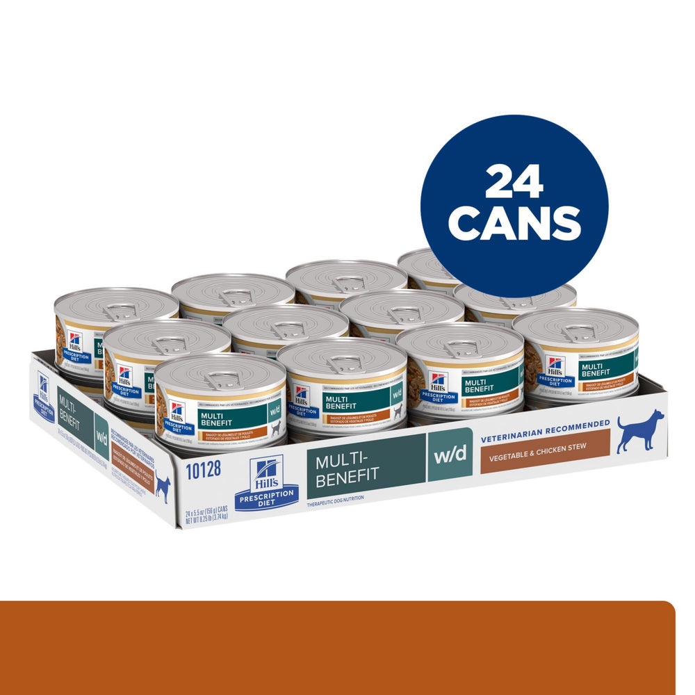 Hill's WD Multibenefit dog stew bowl shows fiber-rich meal for multi-condition support