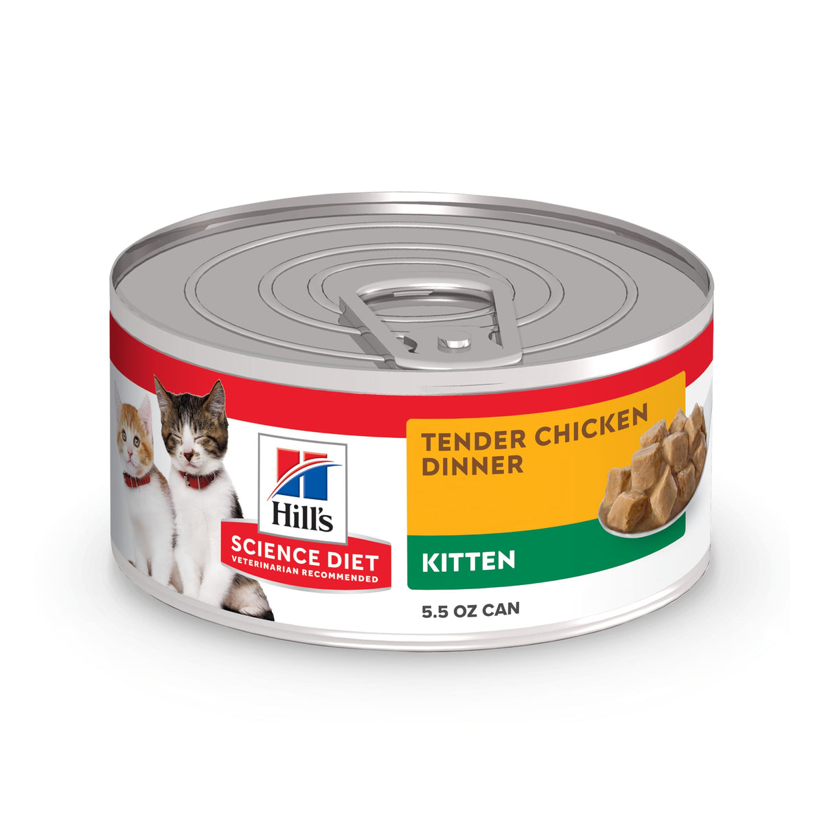 Hill's Science Diet Kitten Tender Chicken Dinner can closeup supports healthy digestion.