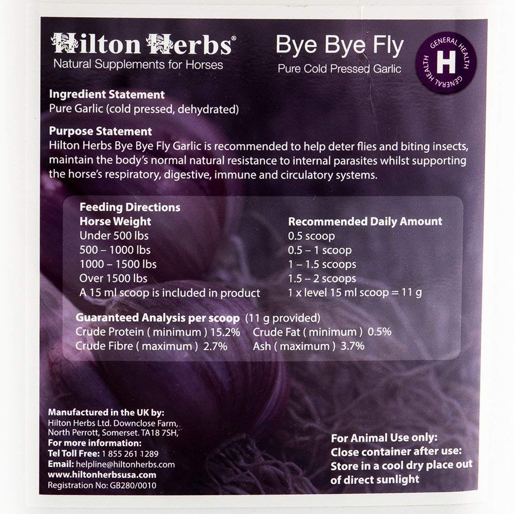 Hilton Herbs Bye Bye Fly Garlic Granules being added to horse feed for digestion support.