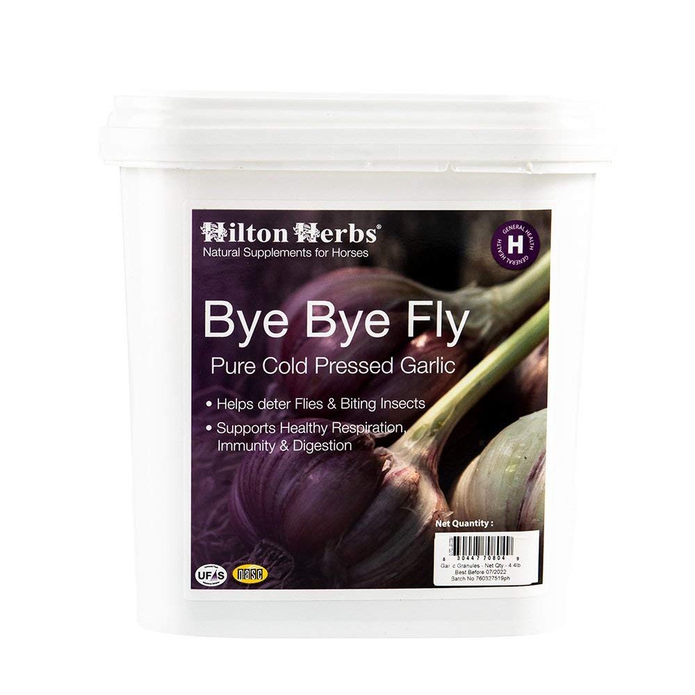 Hilton Herbs Bye Bye Fly Garlic Granules tub on shelf supports general health in horses.