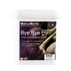 Hilton Herbs Bye Bye Fly Garlic Granules tub on shelf supports general health in horses.